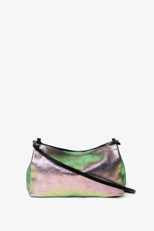 The INA KENT iridescent handbag features a crossbody strap and dazzles with shades of purple and green against a plain backdrop.