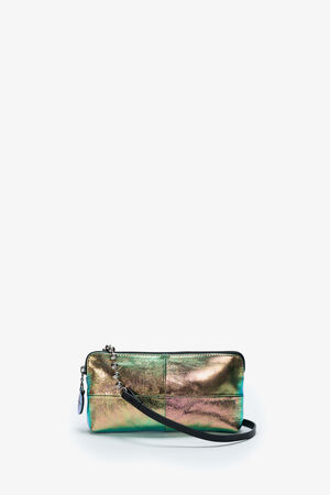 This iridescent metallic clutch bag by INA KENT features a wrist strap, zip closure, and a small attached charm.
