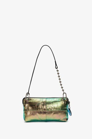 Iridescent metallic handbag by INA KENT with a short black shoulder strap and chain details. Features a zip closure and a small blue tag on the side.