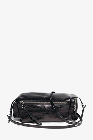 ROXIE ed.1 metallic deep tar – Frontalansicht der Tasche mit verstellbarem Lederriemen und sichtbaren Außentaschen.