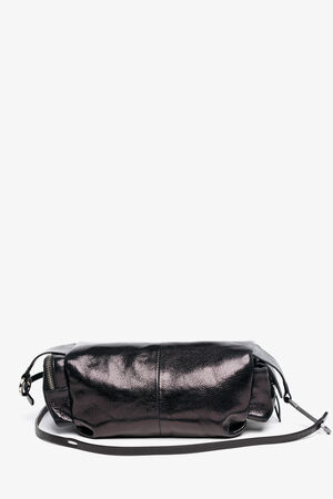 ROXIE ed.1 metallic deep tar – Rückansicht der kompakten Umhängetasche mit glatter Lederoberfläche und abgesetztem Zipper.