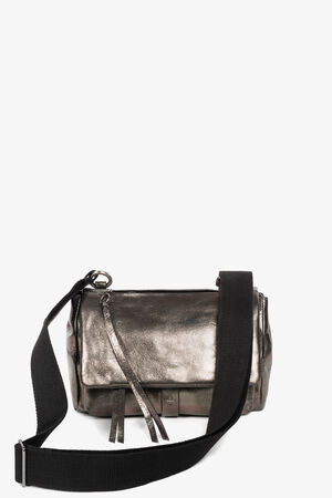 INA KENT metallic silver rectangular crossbody bag with a foldover flap, black adjustable strap, and zipper detail, displayed against a plain white background.