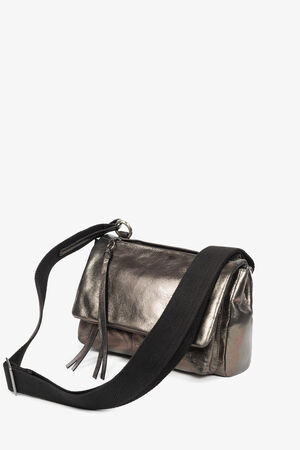 A metallic silver INA KENT shoulder bag with a black adjustable strap and zipper closures, displayed against a plain white background.