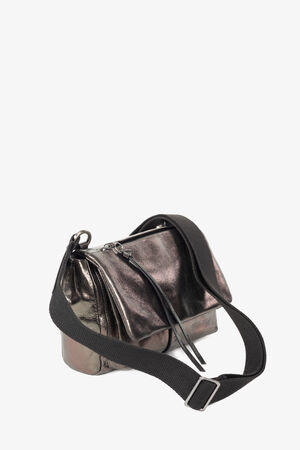 Metallic silver INA KENT crossbody bag with a wide black adjustable strap and zippered flap closure, displayed against a plain white background.
