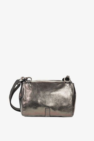 A metallic silver INA KENT shoulder bag with a black adjustable strap, displayed against a plain white background.