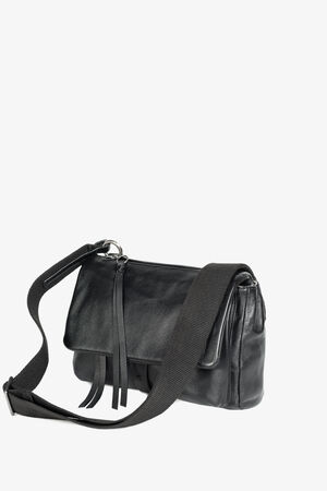 A black leather shoulder bag by INA KENT with a flap closure, long adjustable strap, and two leather tassels hanging from the front.