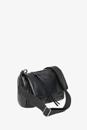 INA KENT black leather messenger bag with flap closure, front zipper, and adjustable black canvas shoulder strap, displayed against a plain white background.