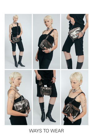 A person with short blonde hair models an INA KENT metallic handbag in six ways, including crossbody, clutch, shoulder, and belt bag styles. Text reads: “WAYS TO WEAR.”.