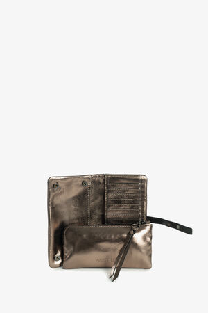 An INA KENT metallic leather wallet is open, displaying card slots and a zippered pouch set in front of it.