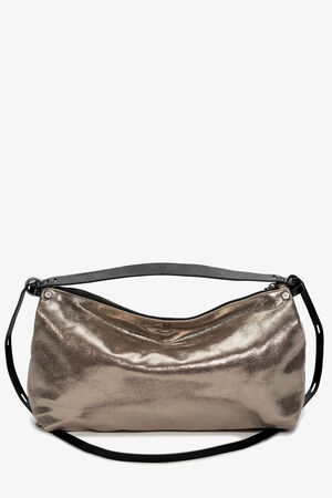 A metallic silver INA KENT shoulder bag with a black strap, displayed against a plain white background.