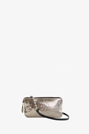 Rectangular metallic silver INA KENT clutch bag with a black strap and a small decorative charm, photographed against a plain white background.