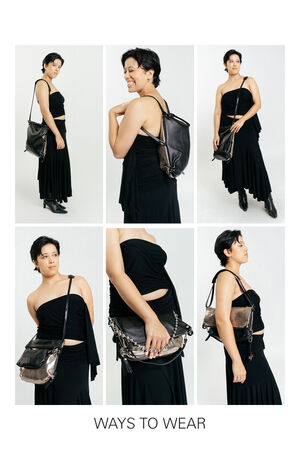 A person wearing a black dress demonstrates six creative ways to style the metallic INA KENT convertible bag, including as a backpack, shoulder bag, and crossbody. Text reads “WAYS TO WEAR.”.