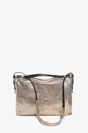 Gold-silberne Metallic Ledertasche mit schwarzem Riemen und Außentaschen von Hinten