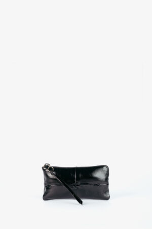 A small, rectangular black leather INA KENT clutch purse with a wrist strap, placed against a plain white background.