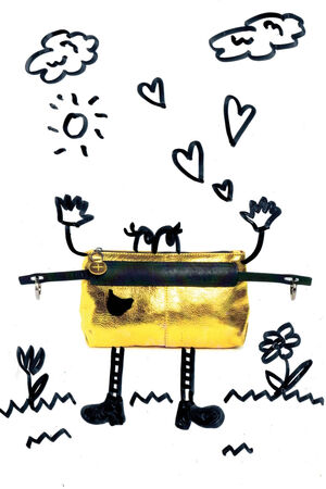 A gold INA KENT purse is illustrated with cartoon arms, legs, eyes, and a mouth, surrounded by hand-drawn hearts, clouds, sun, grass, and a flower on a white background.