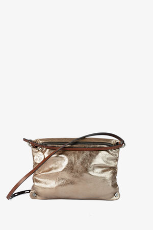 In this picture, there is a rectangular metallic leather bag with brown straps and a shiny, golden surface.