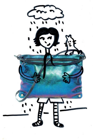 A hand-drawn figure with a pet and an umbrella is combined with a shiny blue INA KENT purse as the body, standing under a rain cloud.