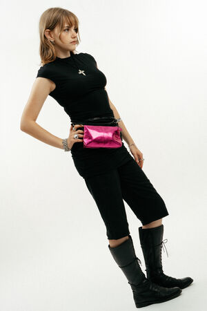 small metallic neon pink leather bag by INA KENT waist bag full body