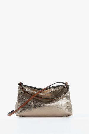 A metallic gold leather handbag by INA KENT with a simple design, featuring a zipper closure and a thin shoulder strap, displayed against a plain white background.