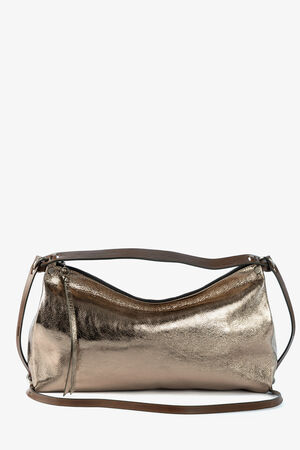 Goldene Ledertasche mit braunen Riemen von vorne