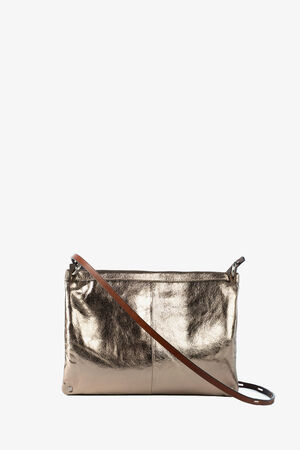 Metallic silver INA KENT crossbody bag with a brown leather strap, displayed against a plain white background.