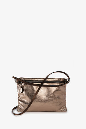 A metallic bronze INA KENT crossbody bag with a zippered top, a slim strap, and a round charm attached to the zipper pull, displayed against a plain white background.