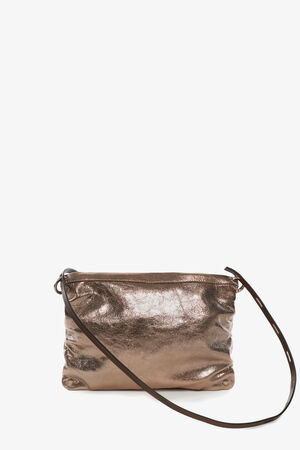 Metallic bronze INA KENT crossbody bag with a shiny, crinkled texture and a thin, dark brown shoulder strap, displayed against a plain white background.