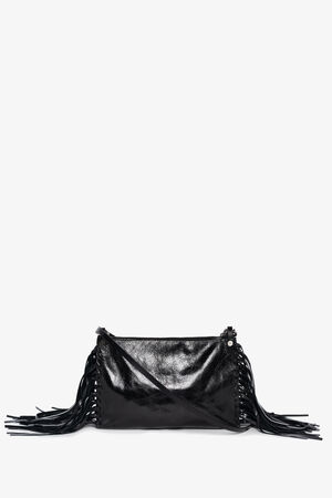 An INA KENT black patent leather crossbody bag with side fringe detailing and a long strap is displayed against a plain white background.