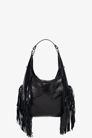 INA KENT black leather hobo bag with a single handle and long fringe detailing on the sides, displayed on a plain white background.