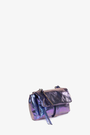 A small, iridescent purple INA KENT shoulder bag with a fold-over flap, front tie detail, and metallic finish, displayed on a white background.