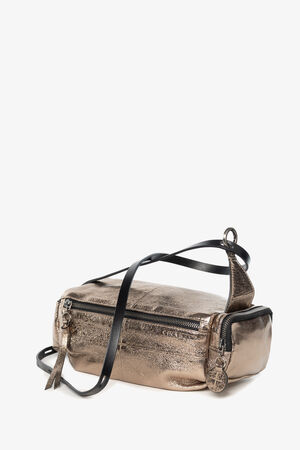 A metallic bronze INA KENT crossbody bag with a black adjustable strap, zipper closure, and a round metal tag, displayed on a white background.