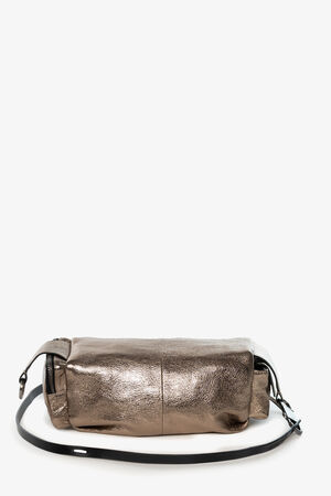 A metallic bronze INA KENT shoulder bag with a textured finish, black adjustable strap, and side zipper details, displayed against a plain white background.