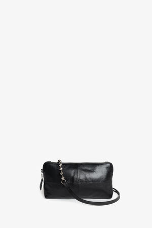 Small black leather INA KENT crossbody bag with a zippered top and a thin adjustable strap, displayed against a plain white background.