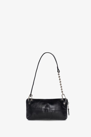 A small black leather INA KENT shoulder bag with silver hardware, featuring a single strap that combines leather and chain links.