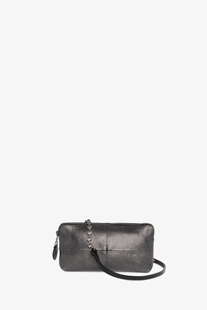 Graue rechteckige INA KENT Handtasche mit kurzem, asymmetrischem, schwarzem Riemen und metallischem Kettendetail