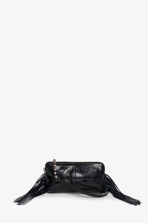 Rectangular black leather INA KENT handbag with long fringe on both sides, a crossbody strap, and metallic star-shaped zipper charms, displayed on a plain white background.