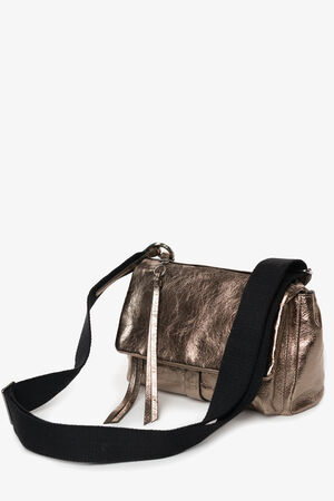A metallic bronze leather crossbody bag by INA KENT with a flap closure, decorative zipper pull, and a wide black adjustable shoulder strap.