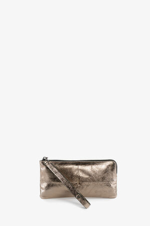 An INA KENT metallic gold wristlet pouch with a zipper closure and a matching wrist strap, displayed against a plain white background.