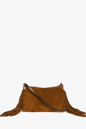 Brown suede INA KENT crossbody bag with black strap and fringe detailing on both sides, displayed against a plain white background.