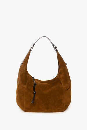 A brown suede hobo bag by INA KENT with a single black shoulder strap and a black drawstring detail on the front, set against a plain white background.