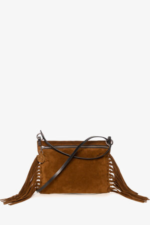 INA KENT brown suede crossbody bag with zipper closure, black strap, and fringe detailing on both sides, displayed against a white background.