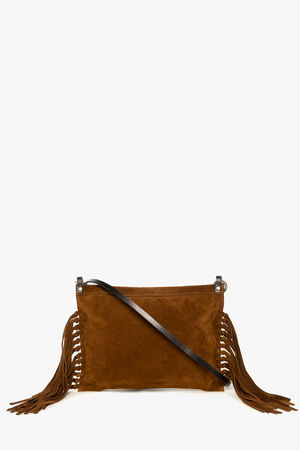 INA KENT brown suede shoulder bag with a black strap and long fringe detailing on both sides, displayed against a plain white background.