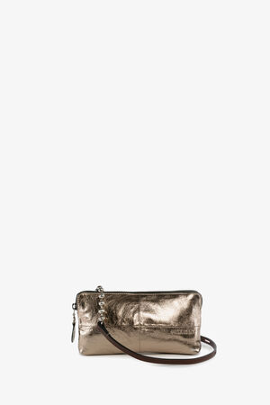 A metallic gold rectangular clutch bag by INA KENT, featuring a black strap and displayed against a plain white background.