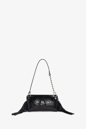 A small black leather INA KENT handbag with a single shoulder strap, silver hardware, and tassel accents on both sides, displayed against a plain white background.