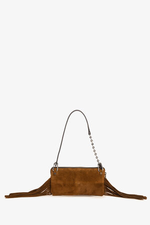 Brown suede INA KENT handbag with a metal chain and leather strap, featuring long fringe detailing on both ends, set against a plain white background.