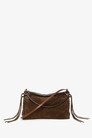 An INA KENT brown suede crossbody bag with a zipper closure, leather shoulder strap, and long leather tassels on each side, set against a plain white background.