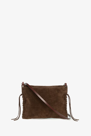An INA KENT brown suede shoulder bag with a long leather strap and side ties, displayed against a plain white background.