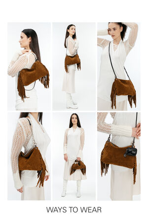 Collage showing a woman in a white outfit modeling an INA KENT brown suede fringe bag worn over the shoulder, crossbody, and held by hand in various poses. Text reads: WAYS TO WEAR.
