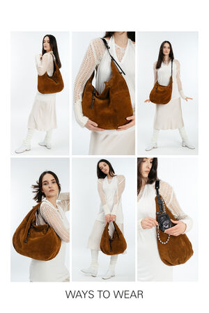Collage showing a woman modeling an INA KENT brown suede shoulder bag in six different ways over a white dress and boots, demonstrating various styles of wearing and holding the bag.