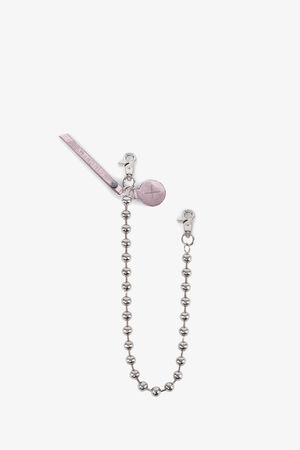 Silver ball chain keychain with two clasps, a pink round charm, and a pink rectangular tag, displayed on a white background—an eye-catching accessory from INA KENT.